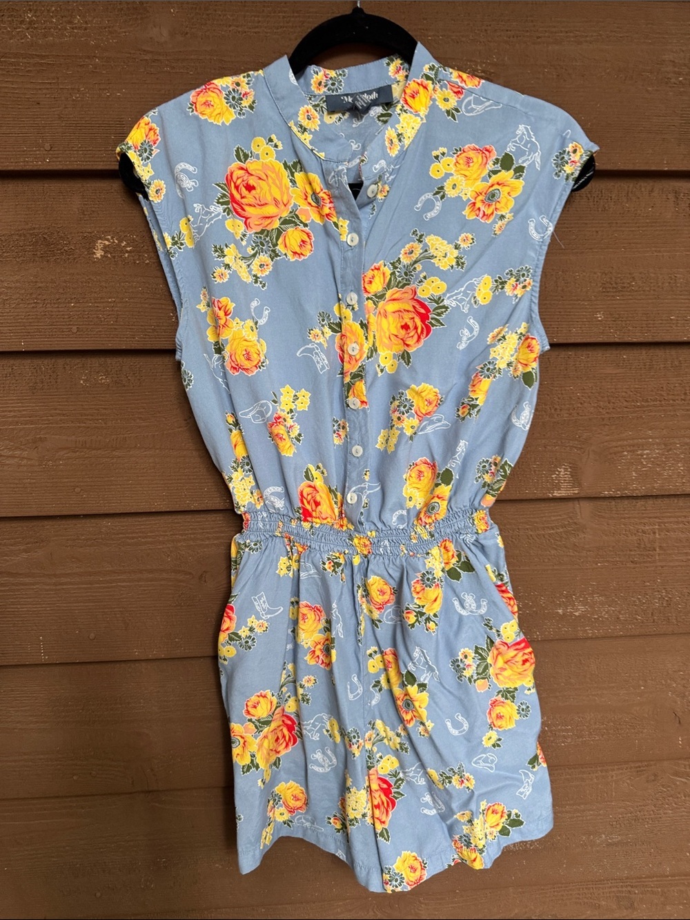 Modcloth Western Print Floral Romper with Yellow Roses size Medium